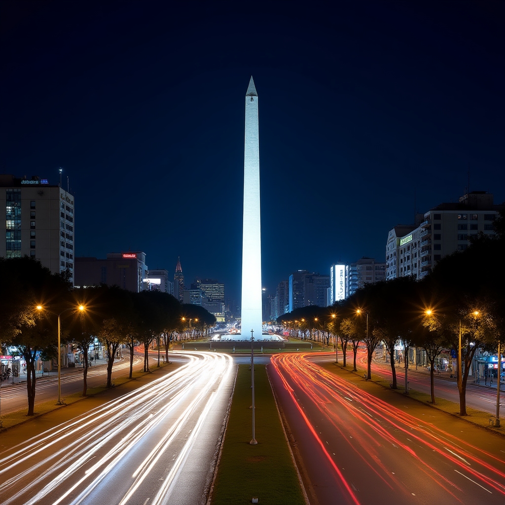 Buenos Aires Obelisco at night with city lights and traffic