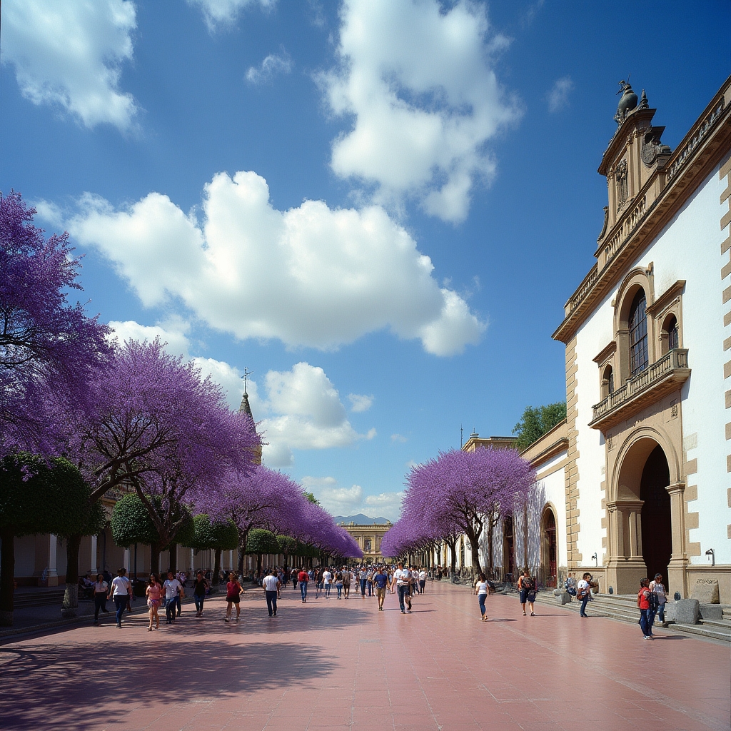 Córdoba city center plaza with historic cathedral and pedestrians