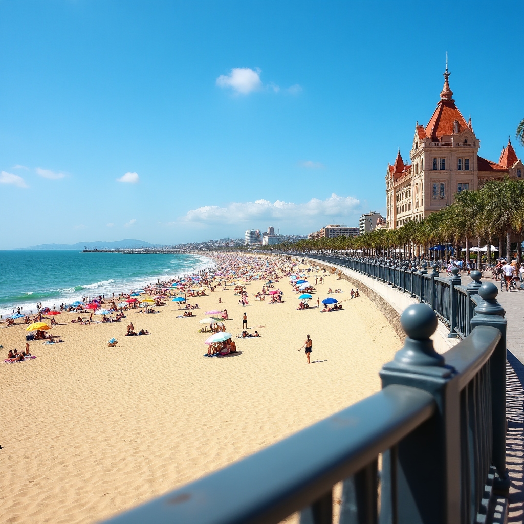 Mar del Plata beach promenade with Atlantic Ocean and city buildings