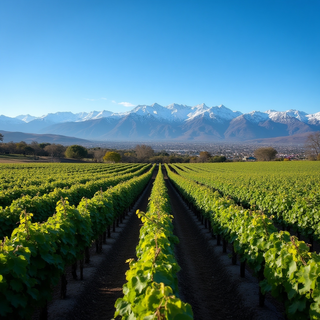 Mendoza city with Andes mountain backdrop and vineyard landscape in foreground