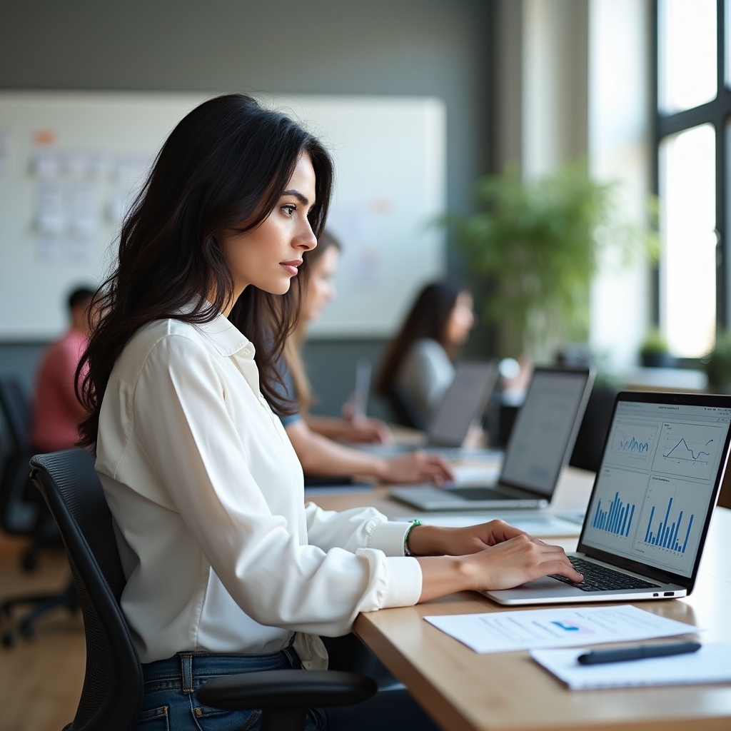 Professional woman reviewing financial data on laptop in modern workspace with natural light