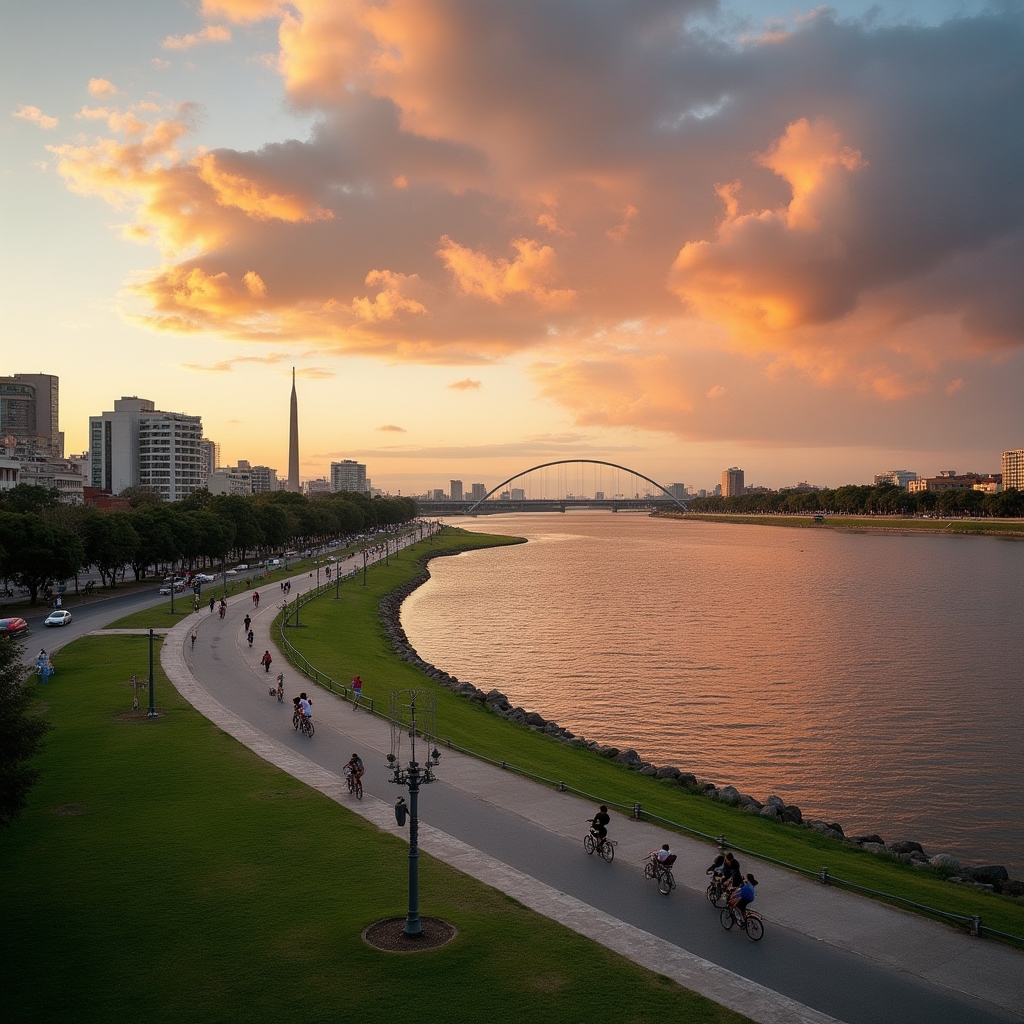 Rosario riverside promenade along the Paraná river with green parks